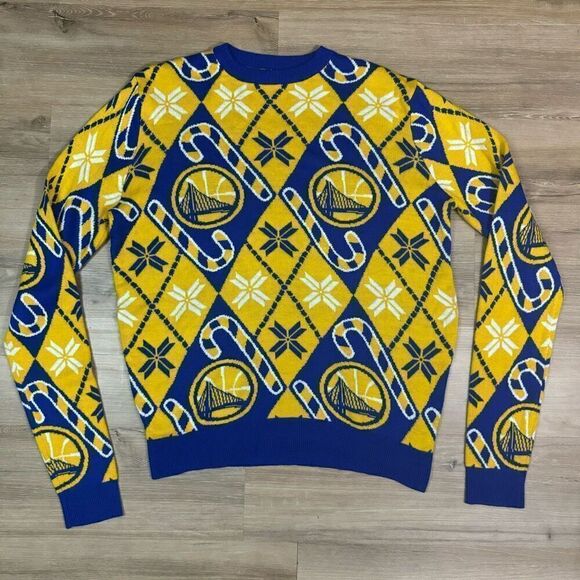 Golden State Warriors L Ugly Christmas Sweater Candy Cane Fair Isle Blue Gold - Picture 1 of 4